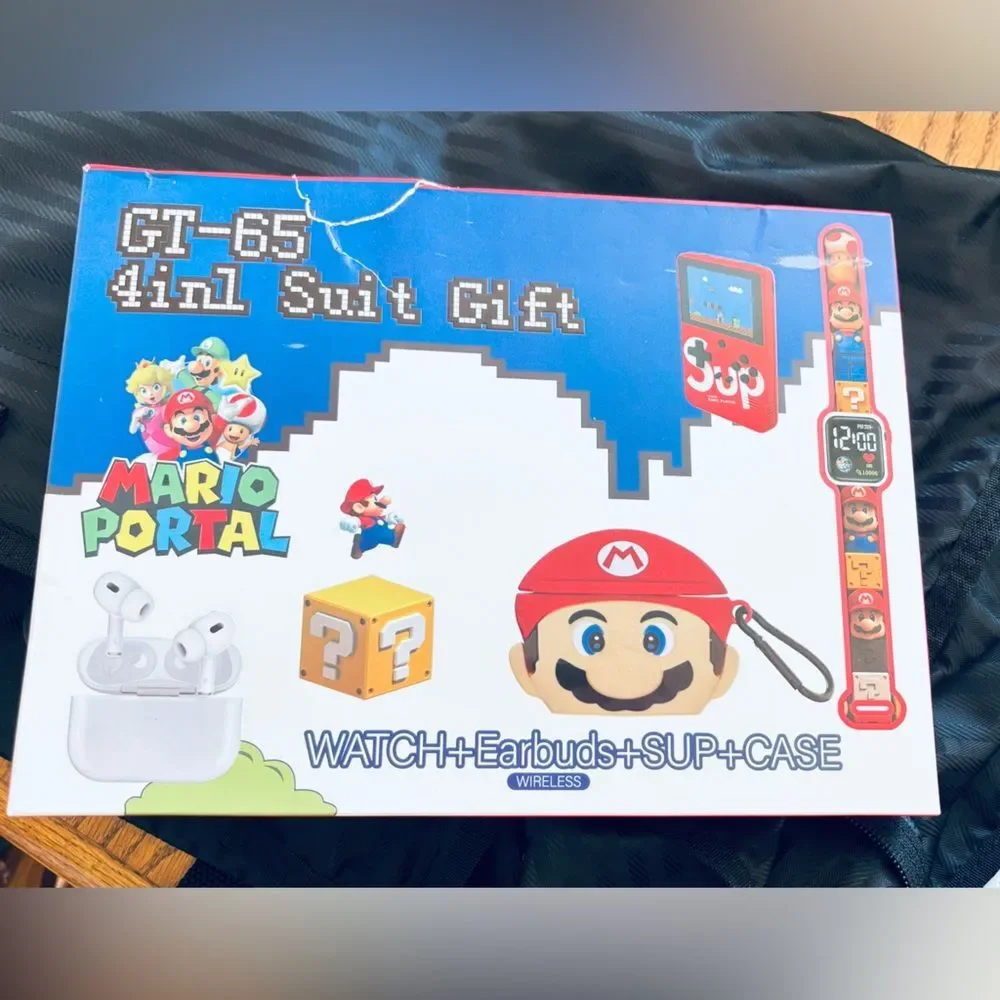 Mario Bros. Sup game device watch earbuds and Mario face earbud case gift set